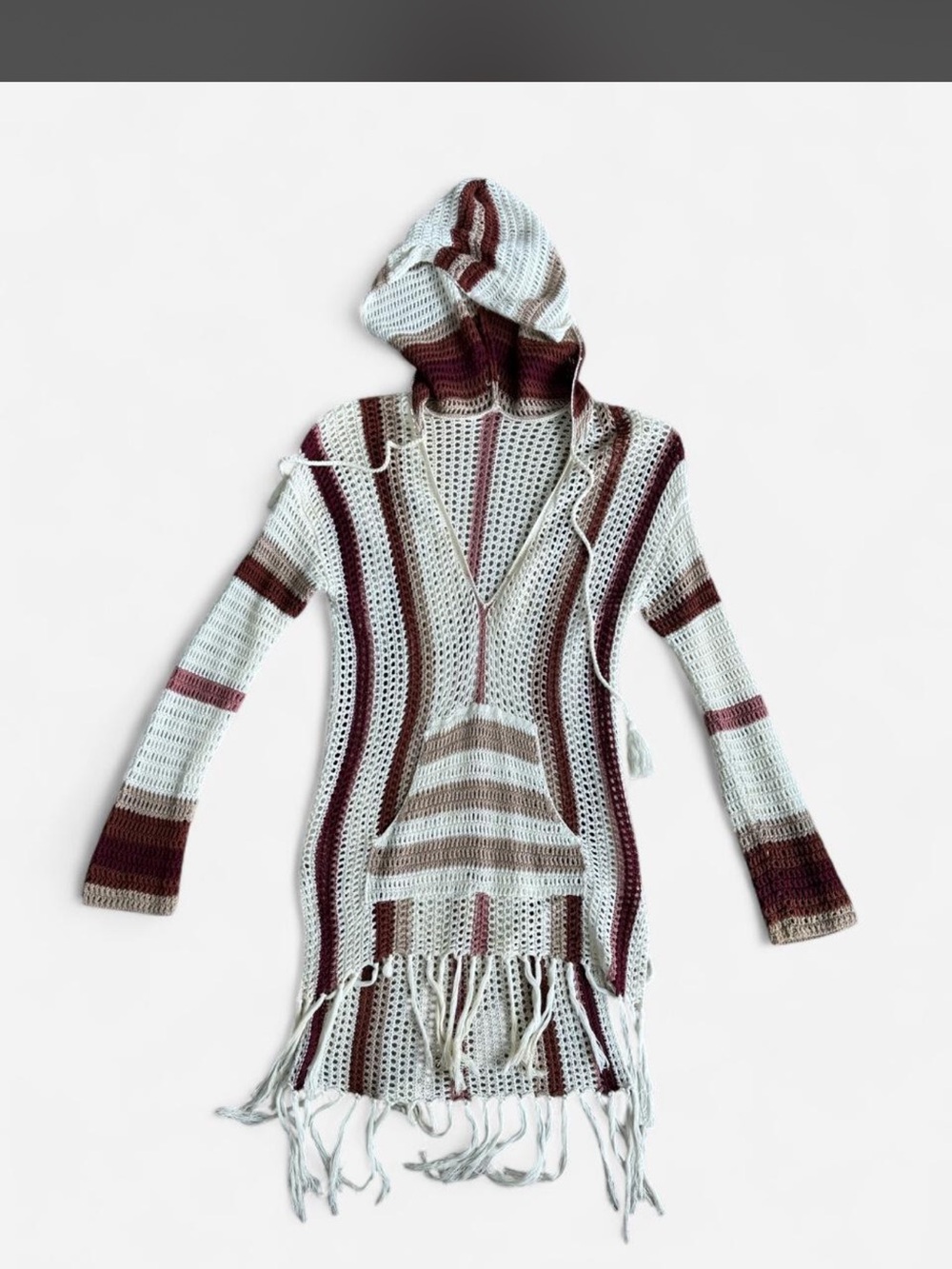 Fringe Knit Hooded Sweater Dress in Ivory and Brown